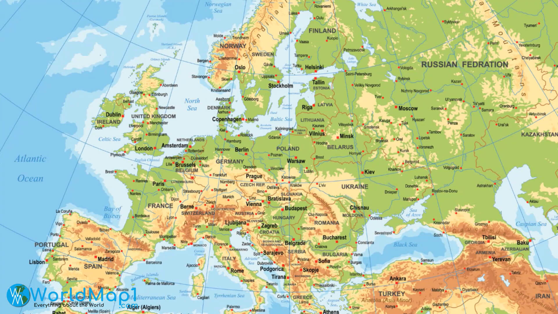 Free Physical Maps of Europe and Russia